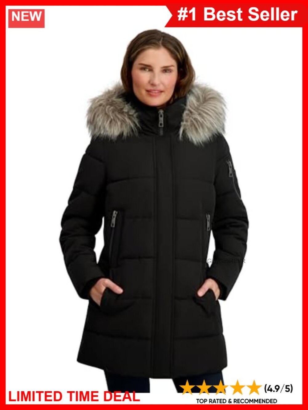 Heavyweight 32" Puffer Coat Water Resistant Quilted Winter Jacket Detachable
